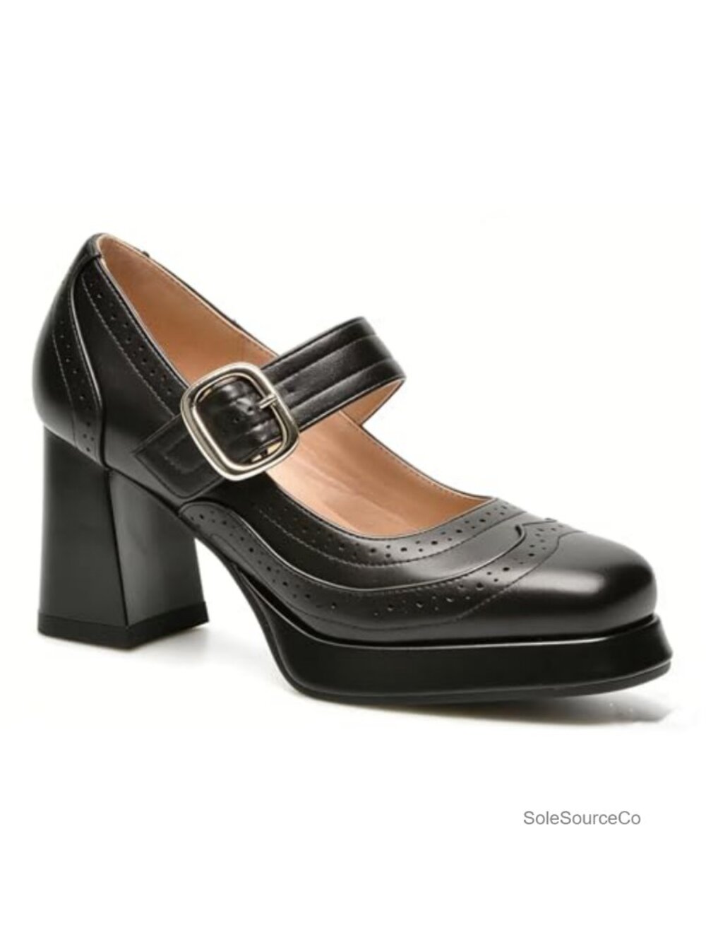 Chunky Platform Mary Jane Heels for Women Patent Round Toe Pumps with Buckle